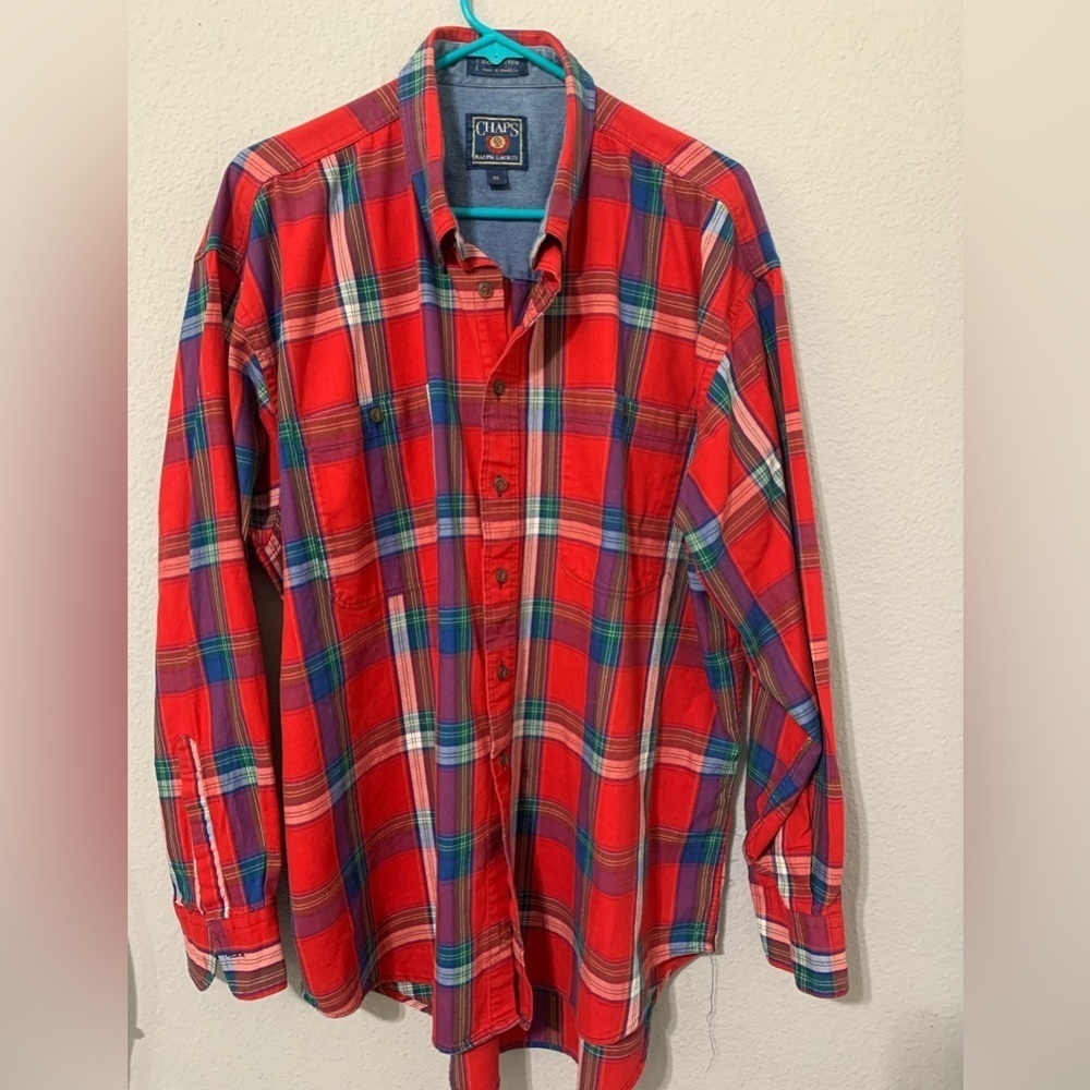 Ralph Lauren Chaps Men Long Sleeve Button-down‎ Red T-Shirt  100% Cotton Size XL
